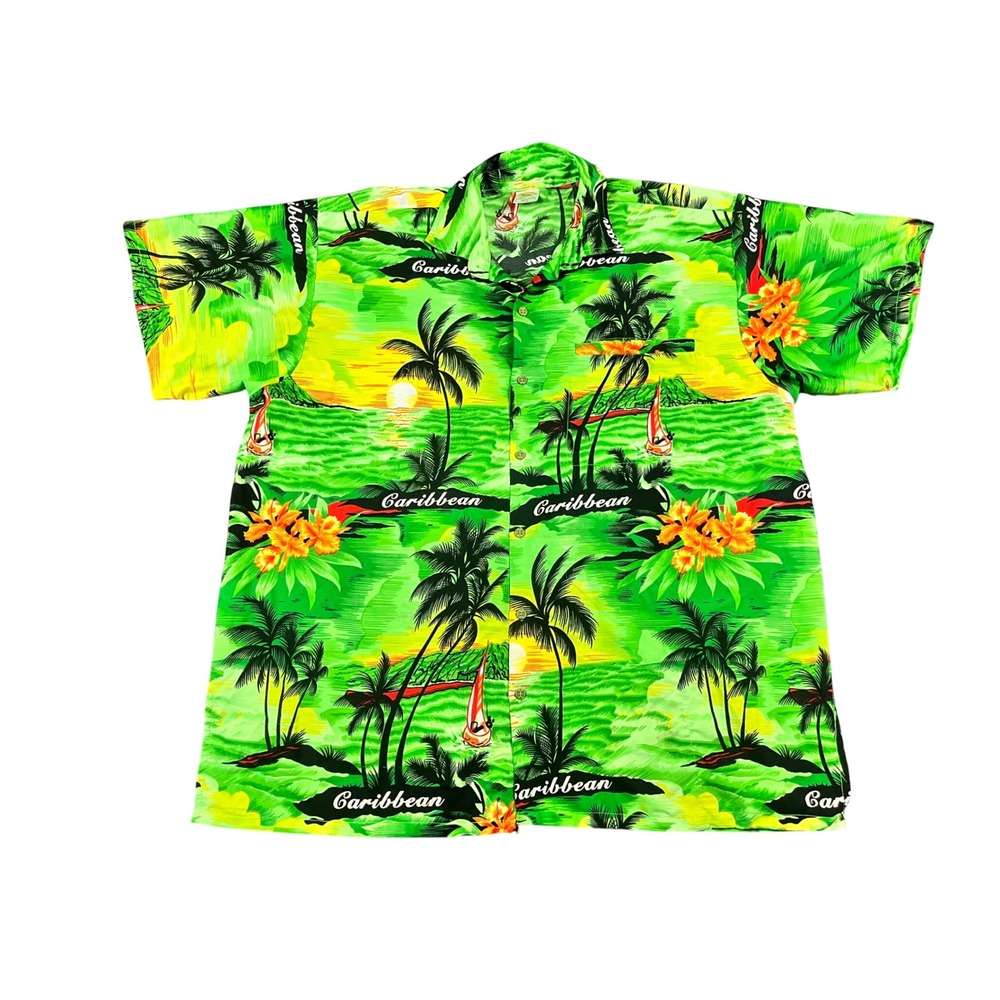 Rima Beachworld Caribbean Tropical Palm Tree Hawaiian Shirt XL Neon Green Men
